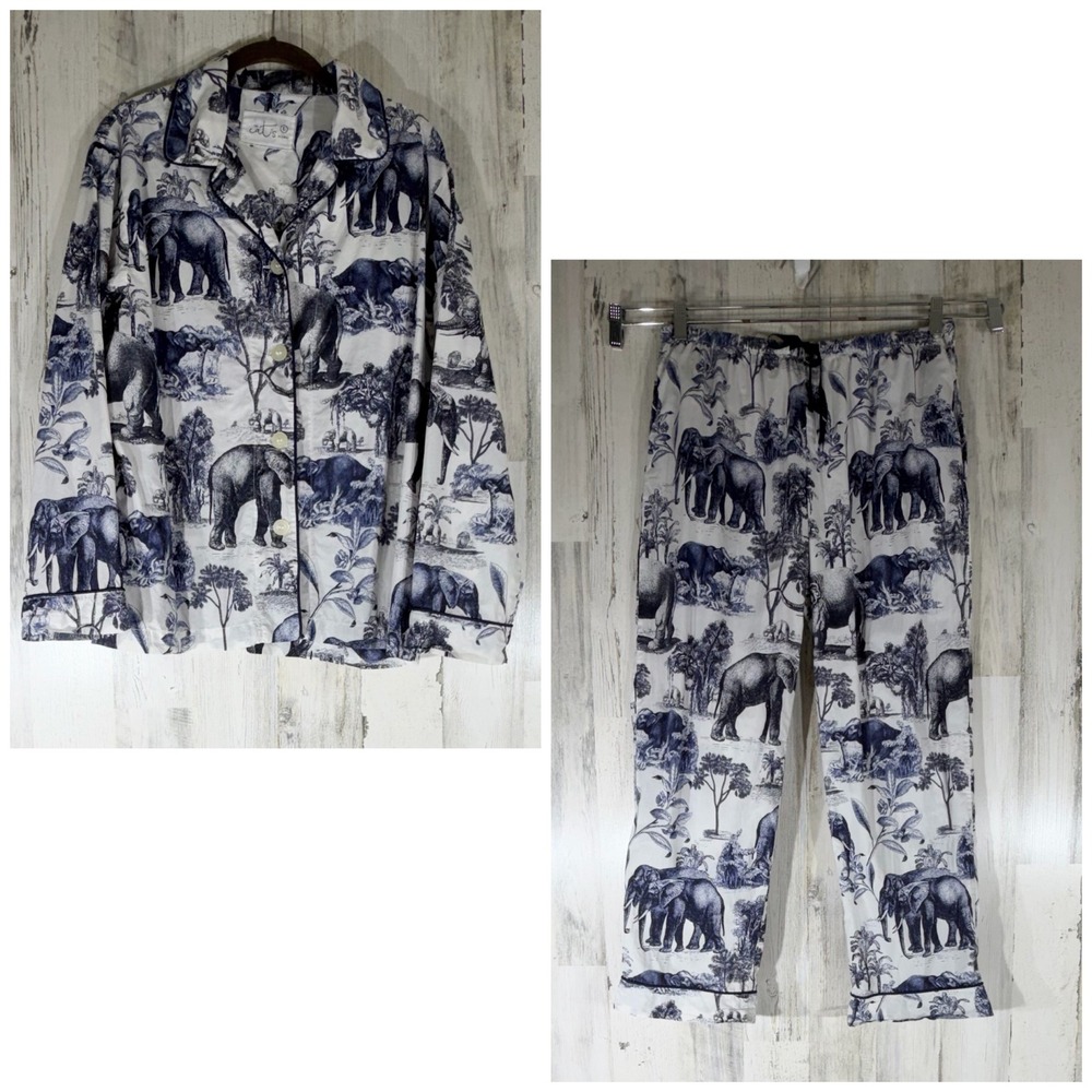 The Cats Pajamas PJ Set Large Blue White Elephant Toile Cotton Safari Jungle